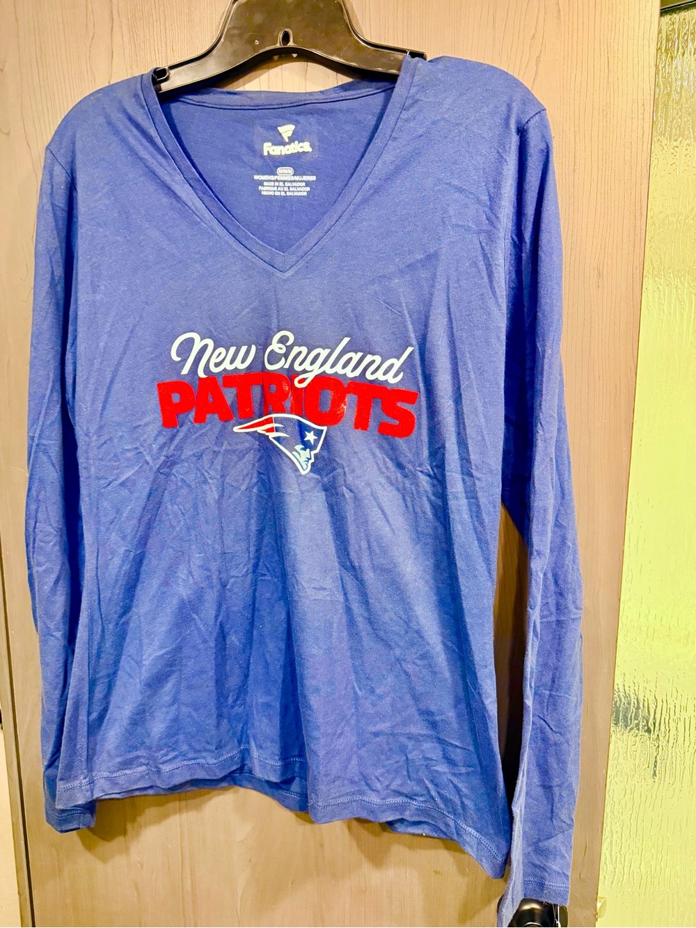 Fanatics Royal Blue New England Patriots Long Sleeve V-Neck Tee with Red Logo